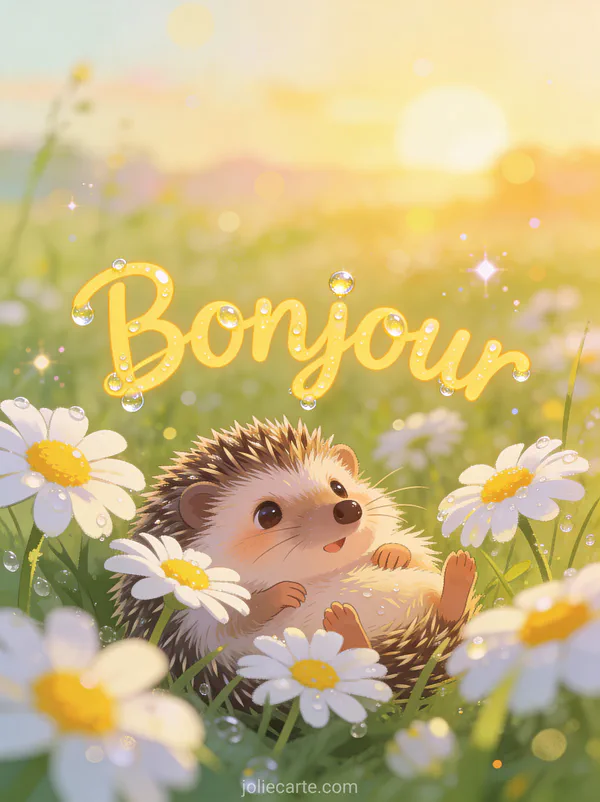 Hérisson mignon se réveillant dans un pré de marguerites blanches au lever du soleil avec le texte Bonjour jaune
