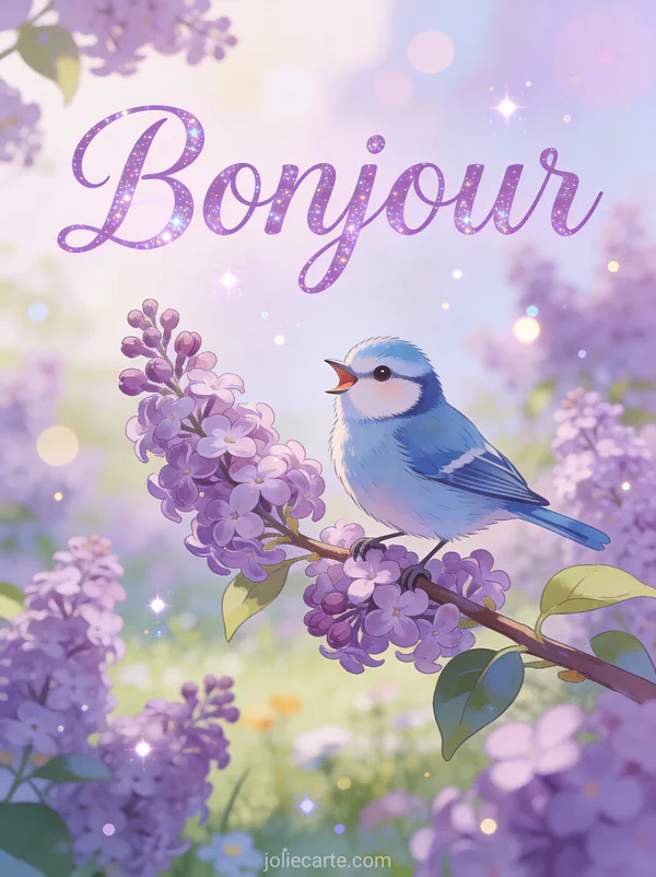 Mésange bleue chantant sur une branche de lilas violet en fleurs dans un jardin printanier avec le texte Bonjour mauve