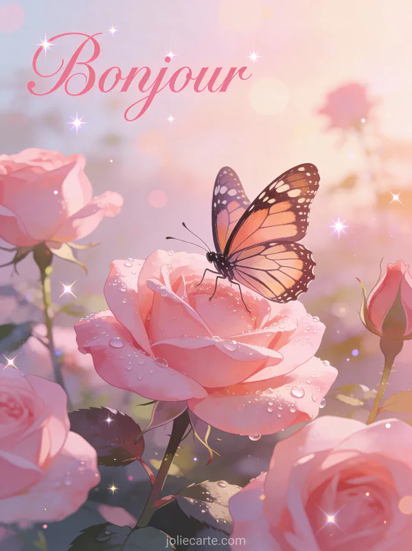 Papillon monarque posé sur des pétales de rose rose couverts de rosée dans un jardin romantique avec le texte Bonjour rose