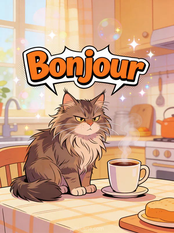 Chat maine coon ébouriffé à l'air grognon assis près d'une tasse de café fumante dans une cuisine avec le texte Bonjour orange