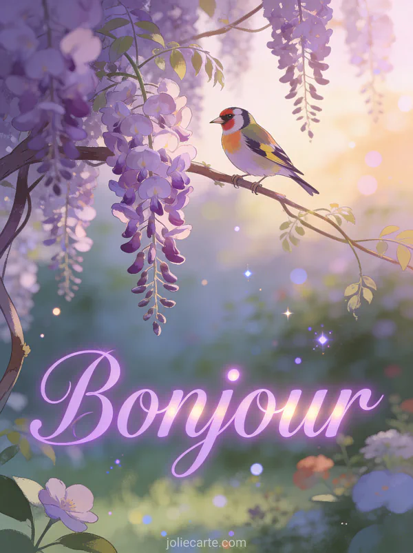 Chardonneret coloré perché sur une branche de glycine violette en cascade à l'aube avec le texte Bonjour violet