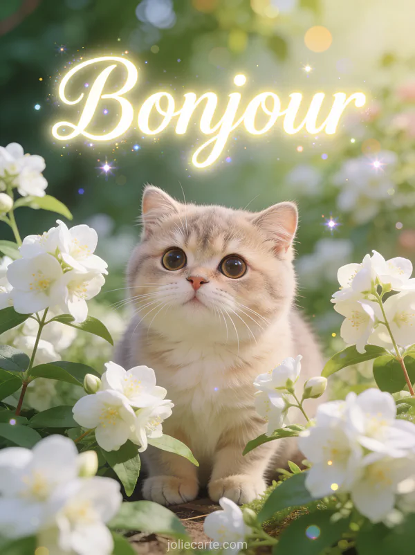 Chaton british shorthair aux grands yeux ronds parmi des fleurs de jasmin blanc dans un jardin romantique avec le texte Bonjour crème