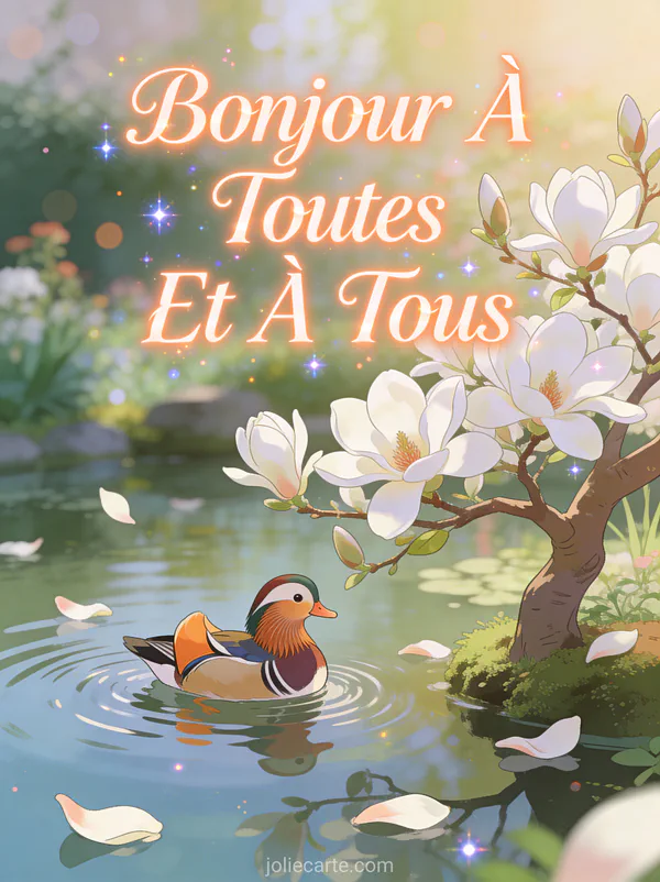Canard mandarin coloré près d'un magnolia blanc en fleurs au bord d'un étang paisible avec le texte Bonjour À Toutes Et À Tous