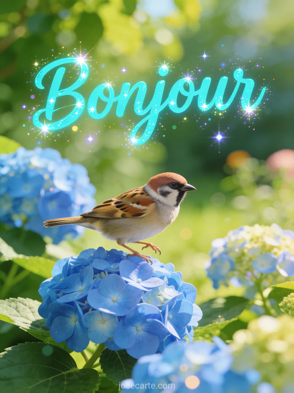 Moineau joyeux sautillant parmi des hortensias bleus dans un jardin vibrant avec le texte Bonjour bleu aqua