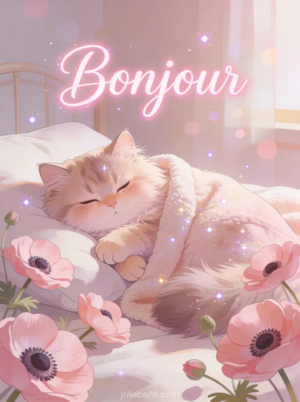 Chat persan câlinant une couverture douce parmi des anémones roses dans une chambre cosy avec le texte Bonjour rose pâle