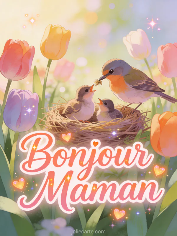 Oiseau nourrissant ses oisillons dans un nid parmi des tulipes colorées à l'aube avec le texte Bonjour Maman rose corail