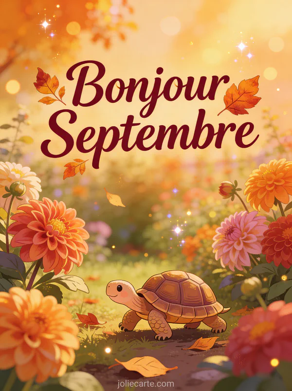 Tortue marchant parmi des dahlias colorés et des feuilles dorées dans un jardin automnal avec le texte Bonjour Septembre bordeaux