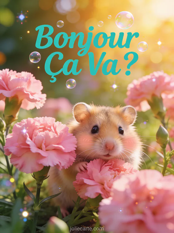 Hamster aux joues rebondies sortant parmi des œillets roses dans un jardin ensoleillé avec le texte Bonjour Ça Va turquoise