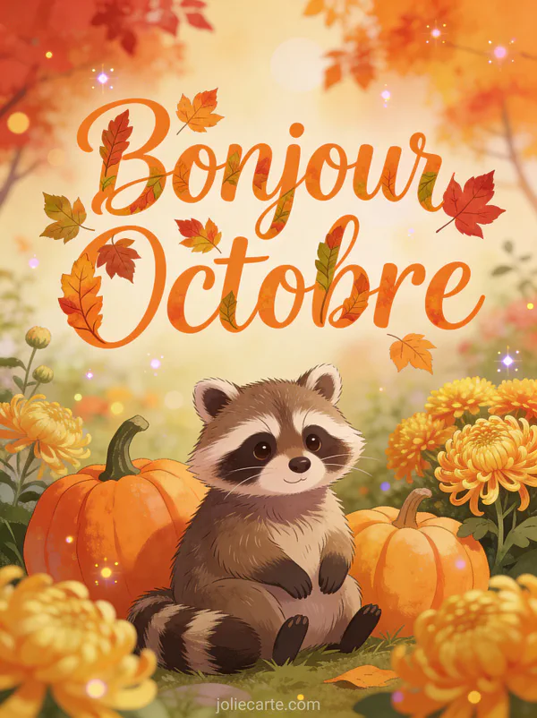 Raton laveur assis parmi des citrouilles et des chrysanthèmes dorés dans un jardin automnal avec le texte Bonjour Octobre orange