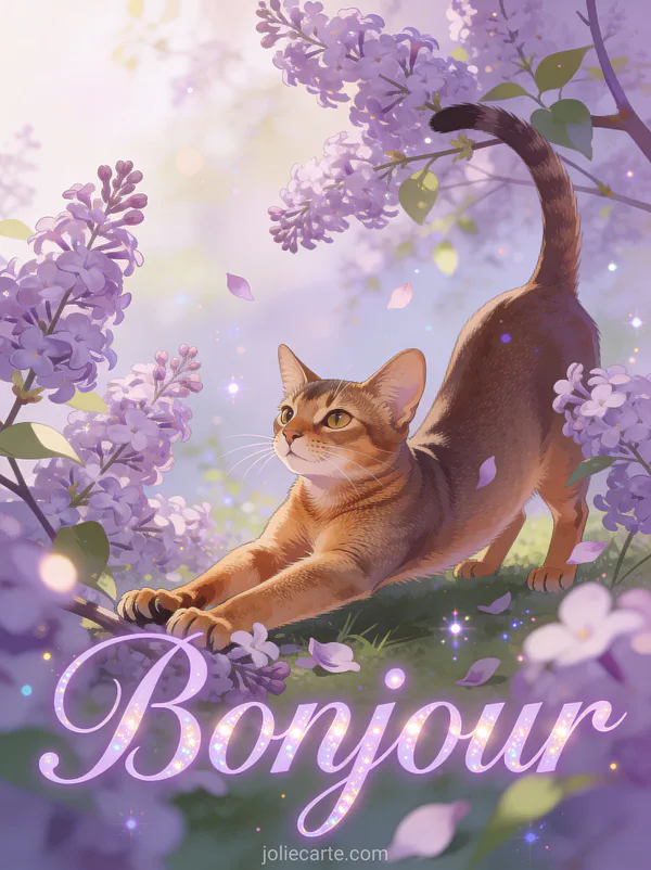 Chat abyssin s'étirant gracieusement parmi des branches de lilas en fleurs dans un jardin printanier avec le texte Bonjour lavande