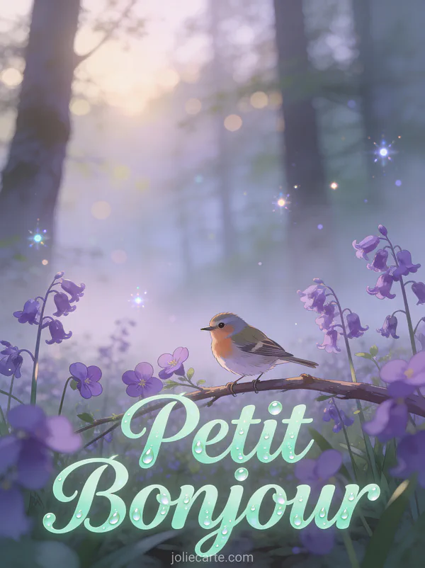 Petit pinson perché sur une branche parmi des violettes sauvages dans une clairière brumeuse à l'aube avec le texte Petit Bonjour vert menthe