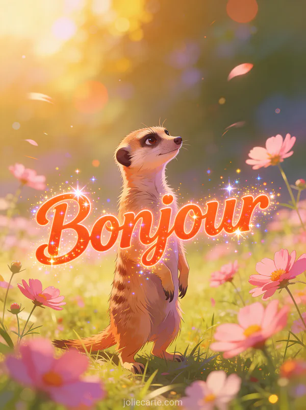 Suricate dressé au milieu de cosmos roses dans une prairie ensoleillée avec le texte Bonjour corail scintillant