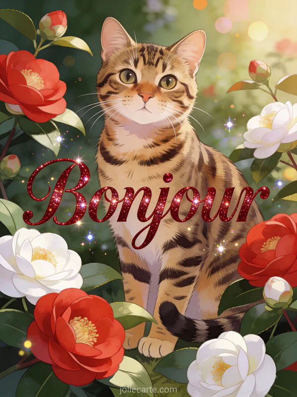 Chat bengal joueur parmi des camélias rouges et blancs dans un jardin élégant avec le texte Bonjour rouge rubis