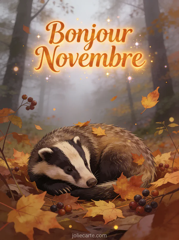 Blaireau lové parmi des feuilles d'érable colorées et des baies dans une forêt automnale brumeuse avec le texte Bonjour Novembre ambre