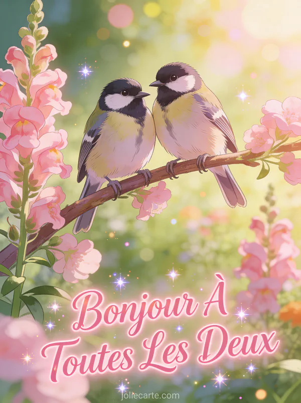 Deux mésanges charbonnières côte à côte sur une branche parmi des mufliers roses dans un jardin ensoleillé avec le texte Bonjour À Toutes Les Deux rose