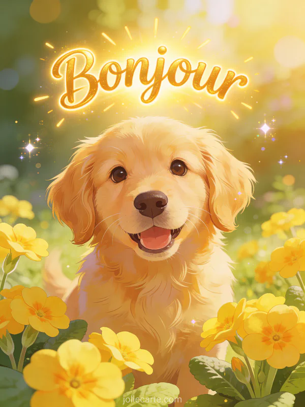 Chiot golden retriever joyeux parmi des primevères jaunes dans un jardin ensoleillé avec le texte Bonjour doré