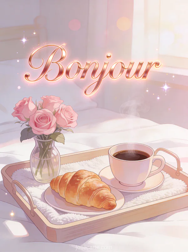Plateau petit-déjeuner avec café fumant croissant doré et roses roses sur draps blancs avec le texte Bonjour rose doré