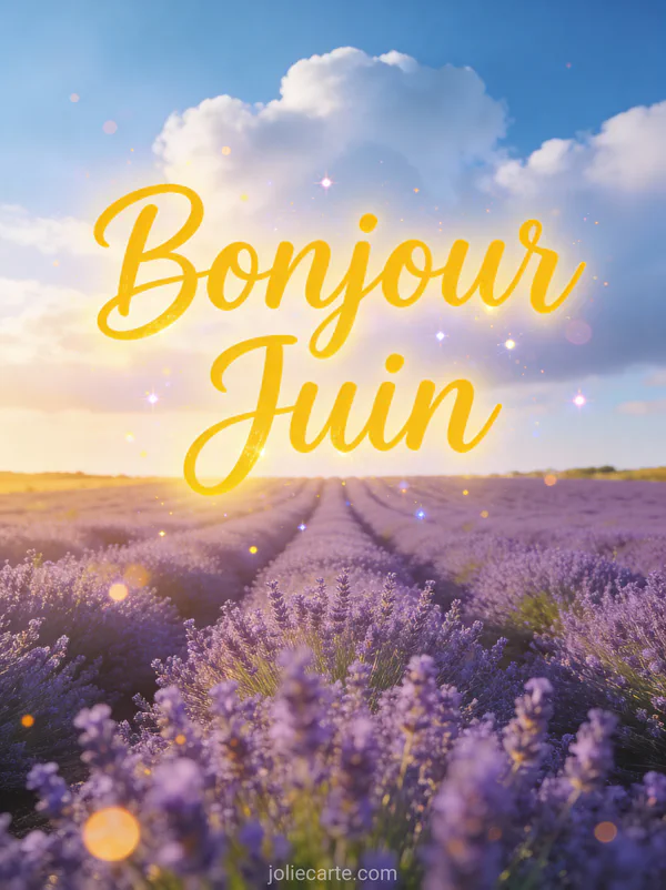 Champs de lavande violet sous ciel bleu avec nuages blancs en Provence avec le texte Bonjour Juin jaune soleil