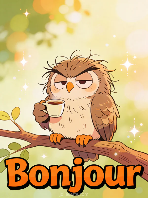 Chouette ébouriffée à l'air grognon tenant une petite tasse de café sur une branche avec le texte Bonjour orange comique