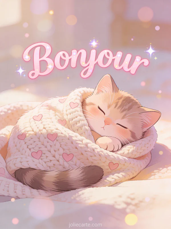 Chaton adorable endormi dans une couverture tricotée avec petits cœurs dans une lumière douce avec le texte Bonjour rose pastel