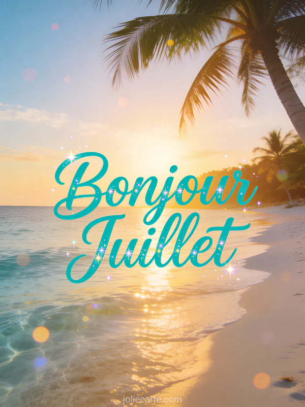 Plage méditerranéenne avec eau turquoise cristalline et sable blanc au lever du soleil avec le texte Bonjour Juillet turquoise