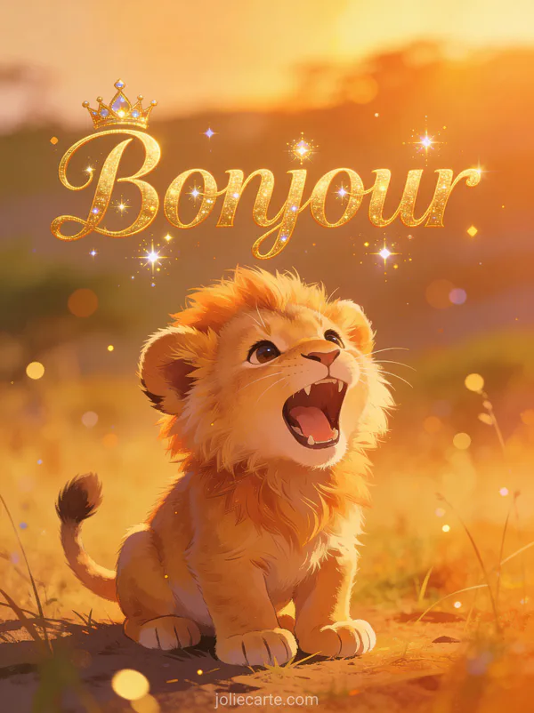 Adorable lionceau bâillant dans la savane africaine au lever du soleil doré avec le texte Bonjour doré majestueux