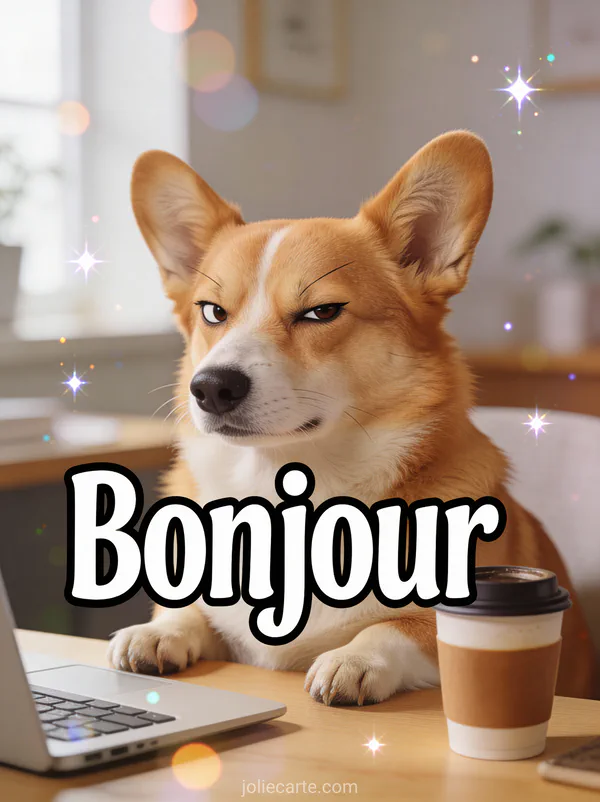 Corgi à l'expression dubitative assis devant une tasse de café style meme internet avec le texte Bonjour blanc contour noir