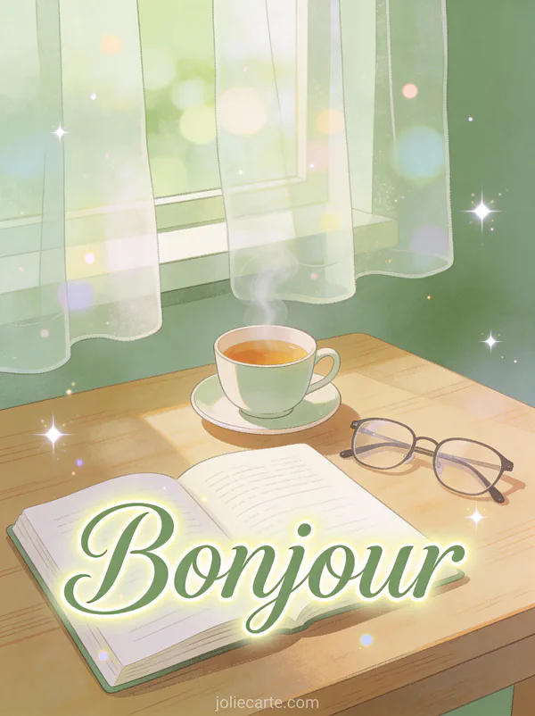 Journal ouvert avec tasse de thé fumante et lunettes sur bureau en bois dans lumière matinale avec le texte Bonjour vert sauge