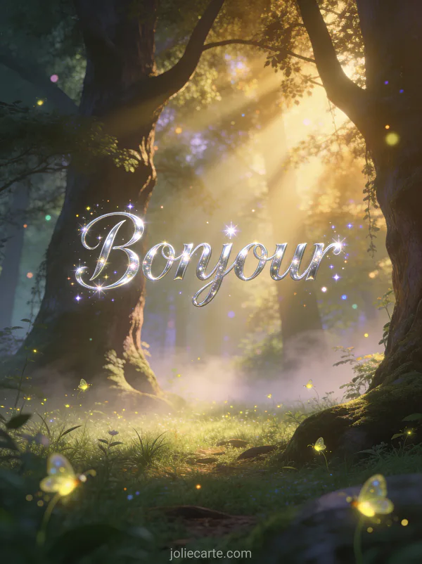 Clairière enchantée avec lucioles et brume matinale traversée de rayons dorés entre les arbres avec le texte Bonjour argenté scintillant