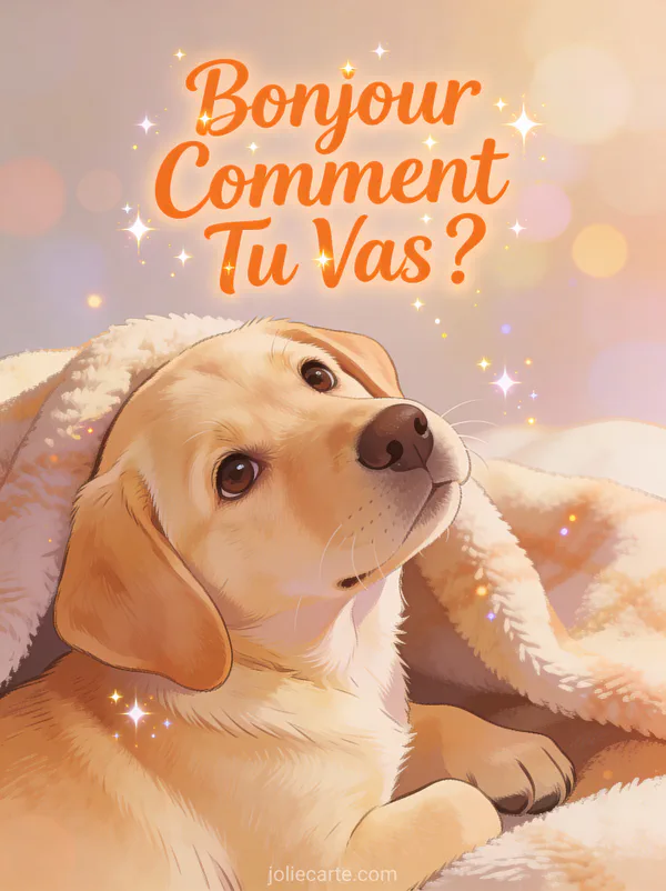 Chiot labrador adorable la tête penchée avec curiosité sur fond douillet avec le texte Bonjour Comment Tu Vas orange chaleureux