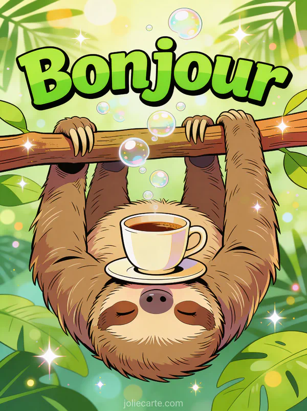 Paresseux suspendu à une branche avec tasse de café en équilibre sur le ventre parmi les feuilles tropicales avec le texte Bonjour vert comique