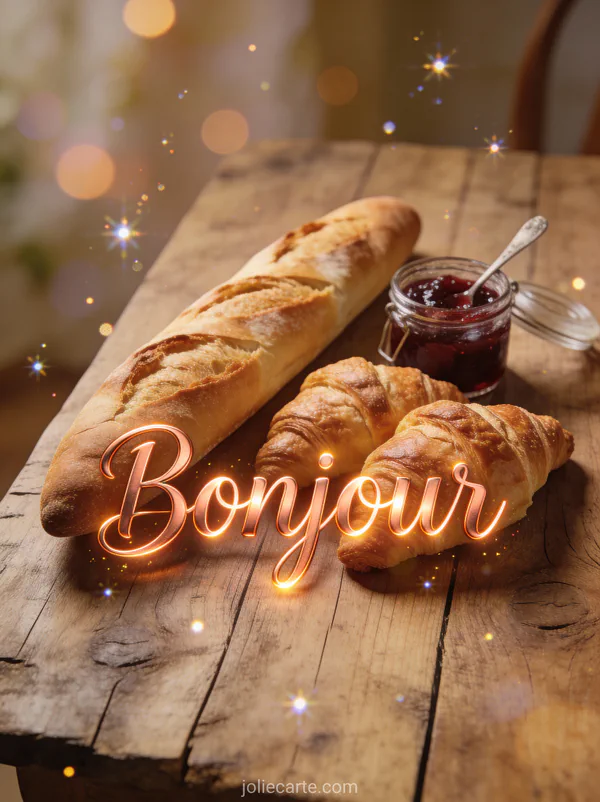 Table rustique avec baguette fraîche croissants dorés et pot de confiture dans une ambiance matinale avec le texte Bonjour cuivré