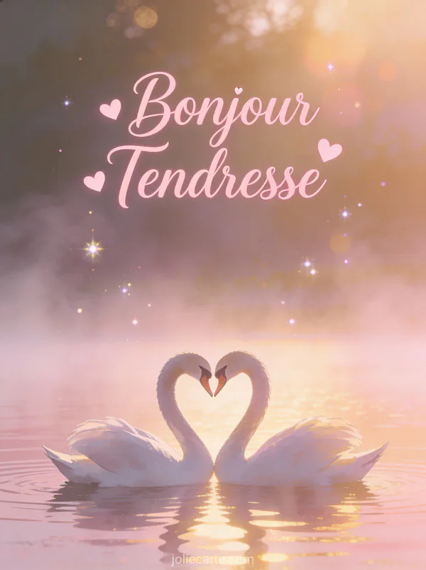 Deux cygnes formant un cœur sur un lac brumeux au lever du soleil rose et doré avec le texte Bonjour Tendresse rose pâle