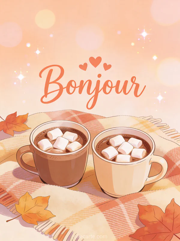 Deux tasses de chocolat chaud aux marshmallows sur plaid douillet avec feuilles d'automne avec le texte Bonjour pêche chaleureux