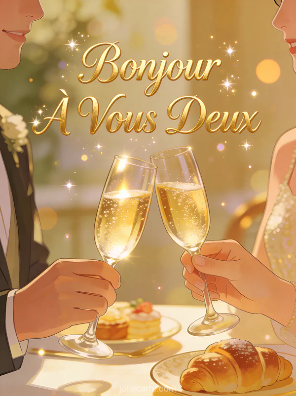 Deux coupes de champagne qui trinquent dans la lumière matinale avec viennoiseries sur table élégante avec le texte Bonjour À Vous Deux champagne doré