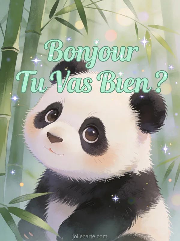 Bébé panda adorable la tête penchée avec curiosité dans une forêt de bambous brumeuse avec le texte Bonjour Tu Vas Bien vert menthe