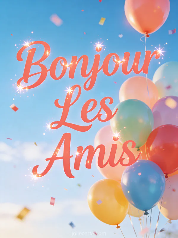 Ballons colorés flottant dans le ciel bleu du matin avec confettis tombant doucement avec le texte Bonjour Les Amis corail
