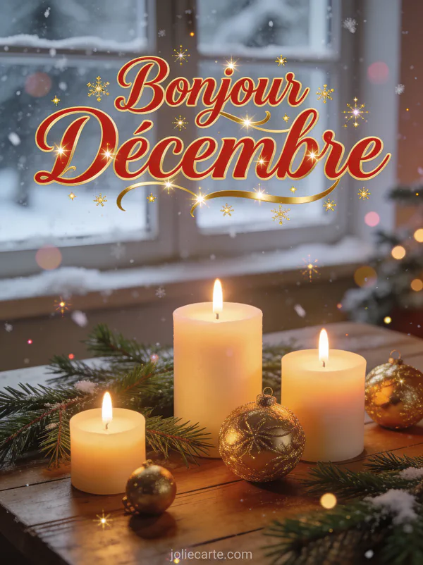 Scène de Noël cosy avec bougies allumées branches de sapin et décorations dorées avec neige qui tombe avec le texte Bonjour Décembre rouge et or