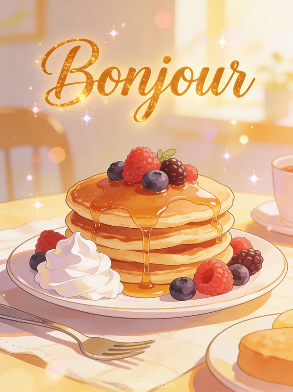 Pile de pancakes avec sirop d'érable fruits frais et chantilly sur table de petit-déjeuner ensoleillée avec le texte Bonjour miel doré