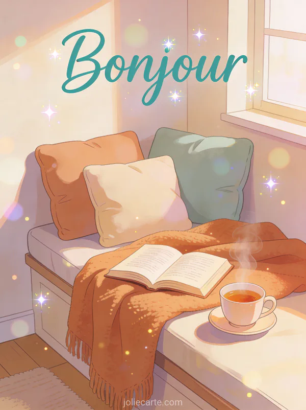 Coin lecture cosy avec coussins moelleux couverture chaude et tasse de thé fumante avec le texte Bonjour bleu canard