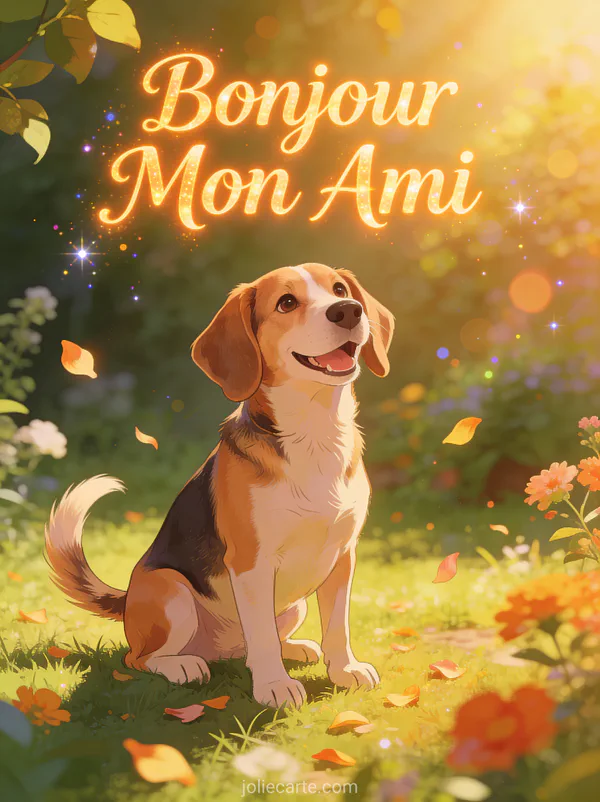Beagle joyeux au sourire amical dans un jardin ensoleillé avec le texte Bonjour Mon Ami ambre chaleureux