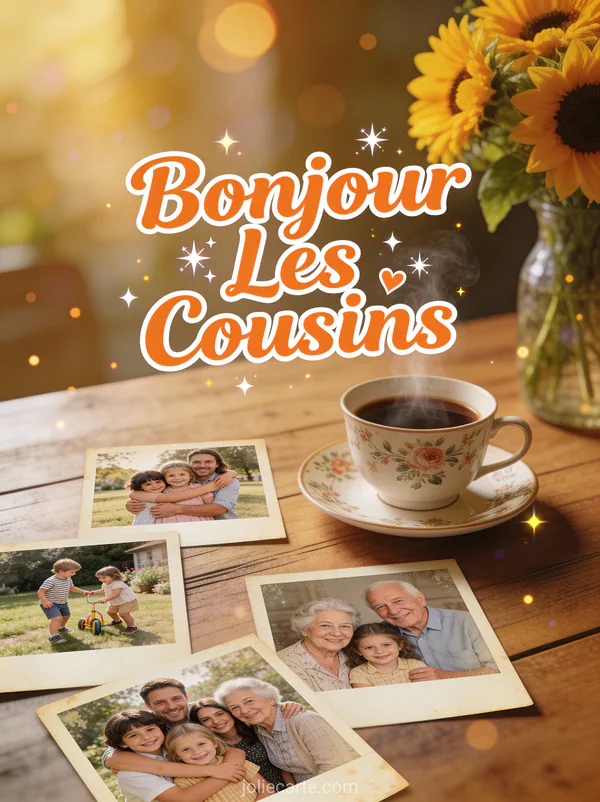 Photos polaroid éparpillées sur table en bois avec café et fleurs fraîches avec le texte Bonjour Les Cousins orange chaleureux