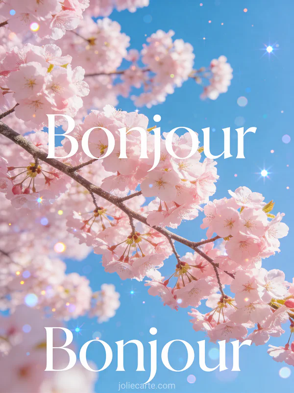 Branche de cerisier en fleurs roses contre ciel bleu limpide dans lumière matinale avec le texte Bonjour blanc moderne