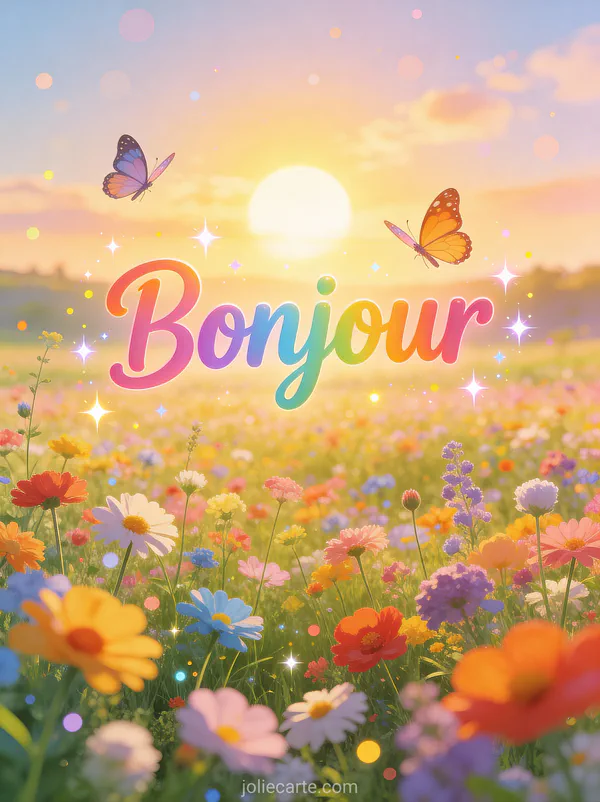 Champ de fleurs sauvages multicolores sous soleil doré du matin avec papillons dansants avec le texte Bonjour multicolore