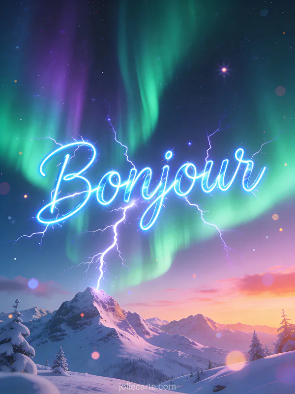 Aurores boréales vertes et bleues dansant au-dessus de montagnes enneigées à l'aube avec le texte Bonjour bleu électrique