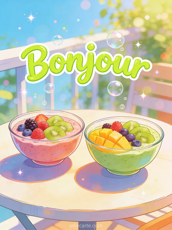 Deux smoothie bowls colorés avec fruits frais sur table de terrasse ensoleillée avec le texte Bonjour vert lime