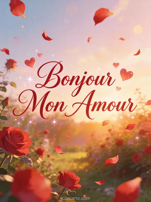 Pétales de rose rouges flottant dans la brise matinale dans un jardin romantique au lever du soleil avec le texte Bonjour Mon Amour cramoisi