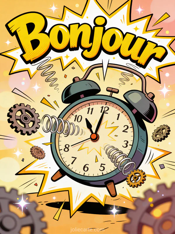 Réveil fou explosant avec ressorts et rouages qui volent dans une scène chaotique comique avec le texte Bonjour jaune délirant