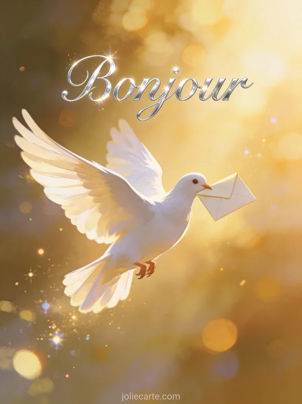 Colombe blanche portant une petite enveloppe volant dans la lumière dorée du matin avec le texte Bonjour argenté élégant