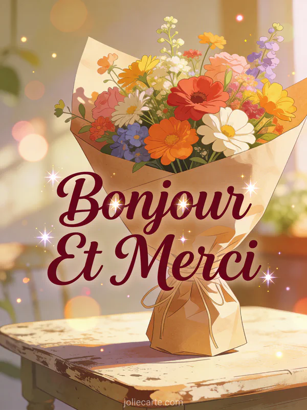 Bouquet de fleurs colorées emballé dans du papier kraft sur table rustique avec le texte Bonjour Et Merci bordeaux reconnaissant